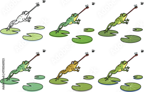 Frog catching fly illustration, cartoon frog sequence, tongue motion art, lily pad scene, animation stages, pond animal vector, sketch style
