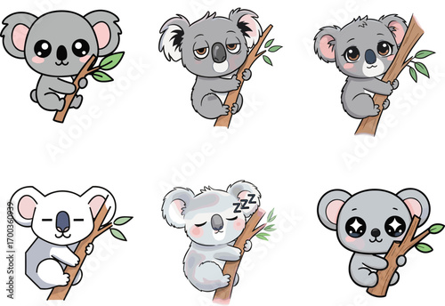 Cute koala cartoon illustration, animal character design, tree branch pose, emotional expression, vector clipart, adorable wildlife, children’s art, playful mood