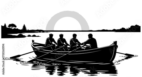 Silhouetted rowers in a boat navigating calm water, with a scenic backdrop.
