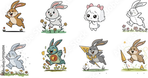 Rabbit character design, cartoon styles, retro sketch, flat illustration, watercolor bunny, animation poses, cute animal art, diverse drawing techniques