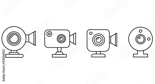Four stylized webcams and video cameras in different views hand drawn sketch style vector