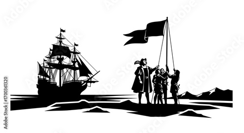 Silhouette illustration of explorers raising a flag on land with a ship in the background.