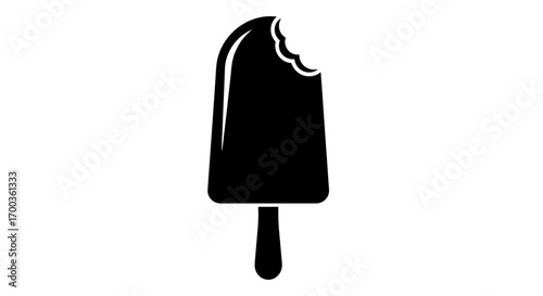 A black silhouette of a bitten ice cream bar on a stick, against a white background.