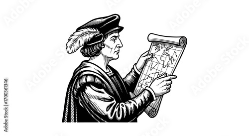 A man in historical attire examines a rolled-up map, profile view.