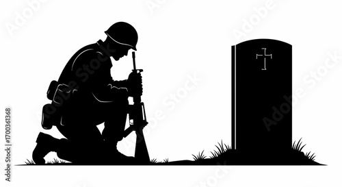 A soldier in silhouette kneels in sorrow beside a grave, symbolizing remembrance and loss.