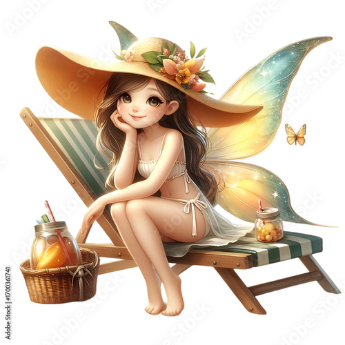 Young woman with a cocktail and a hat, smiling in the summer sun