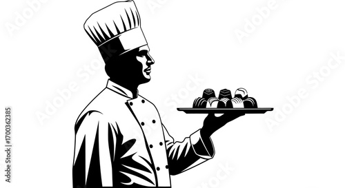 Chef in uniform holding a tray of desserts, side view, in black and white.