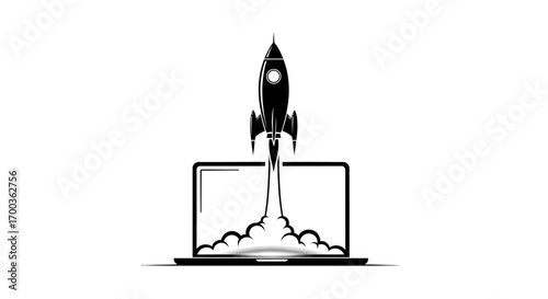 A black and white illustration of a rocket launching from a laptop screen, with smoke billowing below.