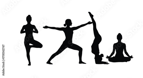 Diverse yoga poses silhouettes representing health flexibility balance and inner peace vector