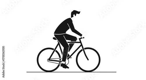Silhouette of a man riding a bicycle, side view, simple graphic design.