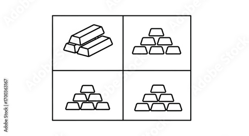 Gold bars stacked in four different arrangements represents wealth and investment opportunities vector