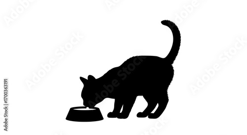 A black silhouette of a cat gracefully drinking from a bowl.