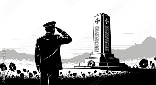 Soldier saluting a war memorial in a field of poppies, paying respect to fallen heroes.