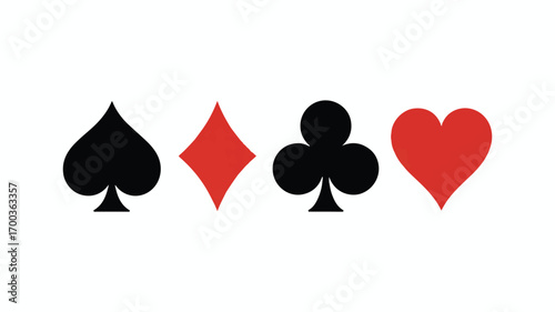 A simple graphic design of the four playing card suits in black and red against a white background