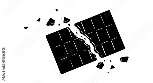 A dark chocolate bar broken into two pieces with scattered fragments, isolated on white.