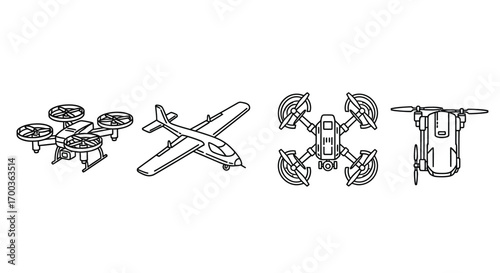 Set of four different aerial vehicles including drones and airplane in simple line art style vector