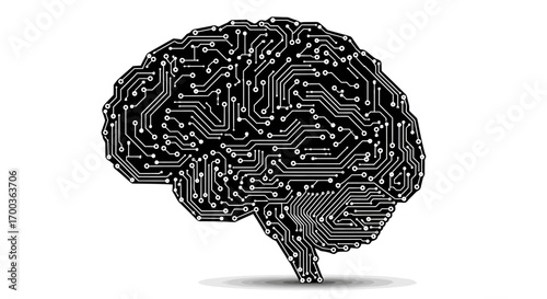 A human brain depicted as a circuit board, symbolizing artificial intelligence or technological mind.