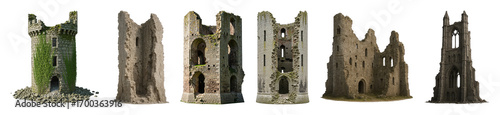 Medieval castle ruin set including various towers, walls, arches, and weathered structures isolated. Ancient architecture and fantasy design elements.