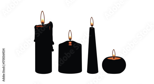 Four black candles in various shapes with flickering led flames for festive and halloween decor vector