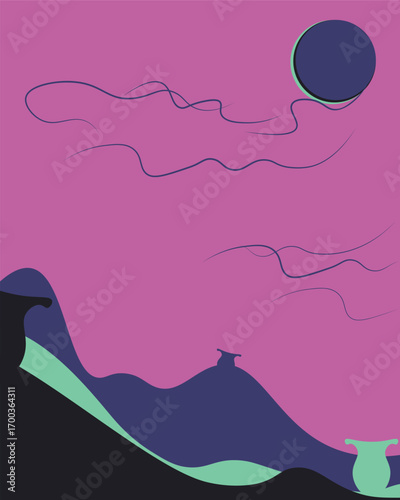 Boho minimal geometric poster in deep indigo magenta fantasy