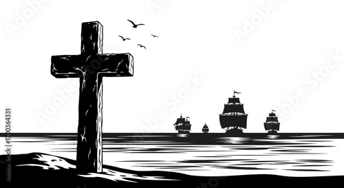A stark black and white image of a cross on a shore with ships sailing on the sea.