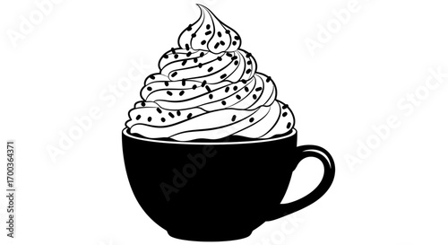 A black and white illustration of a coffee cup overflowing with whipped cream and sprinkles.