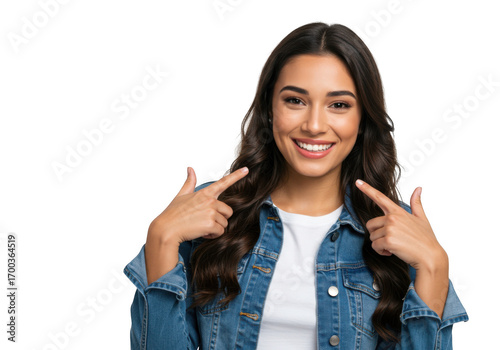 Smiling woman pointing at her teeth isolated on transparent background