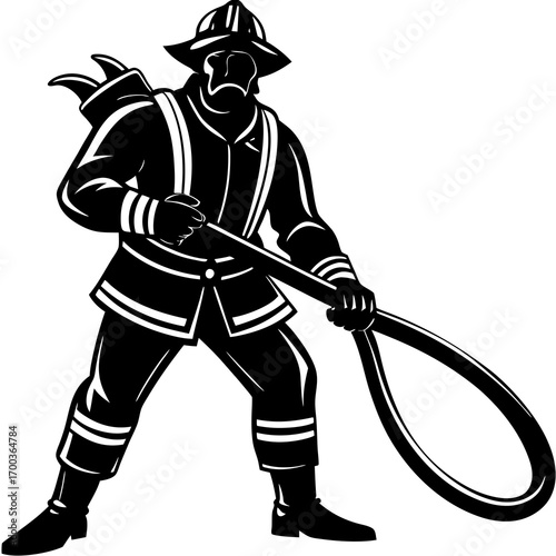 silhouette of a fireman man holding a hose