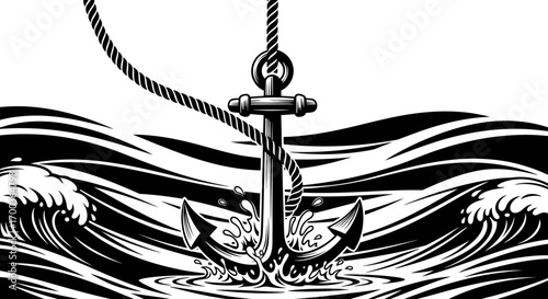 A detailed black and white illustration of an anchor plunging into ocean waves.