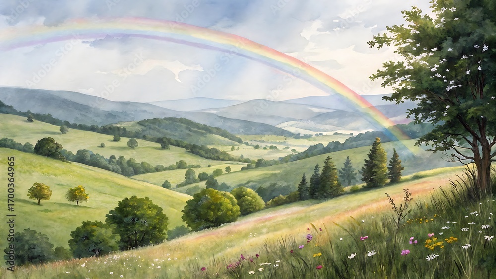 Obraz premium A vibrant rainbow arches over rolling green hills and a lush forest, evoking a sense of peace and natural beauty.