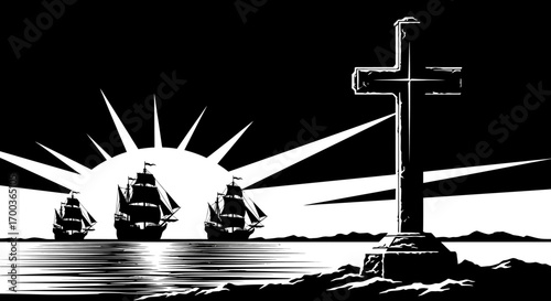 Silhouette of sailing ships at sunrise, with a large cross on a stone monument.
