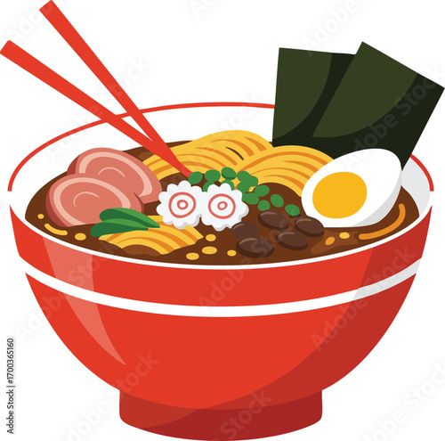 Bowl of noodle soup with egg, meat, and seaweed illustration