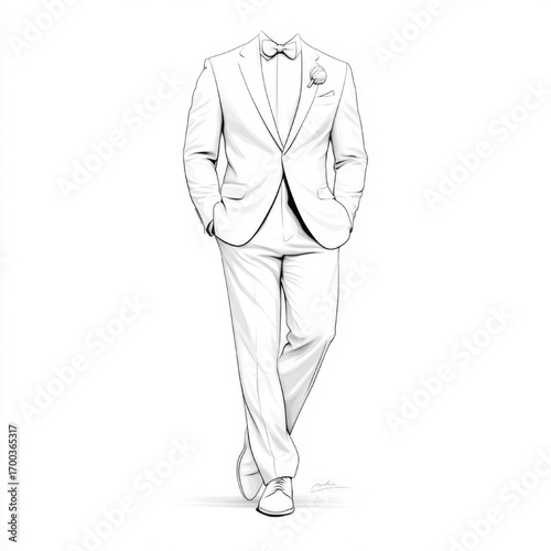 Elegant men's formal suit with bow tie and boutonniere, black and white, representing sophistication and celebration with copy space