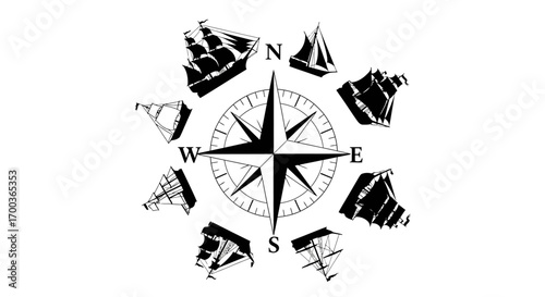 A compass centered with various sailing ships, representing directions and navigation.