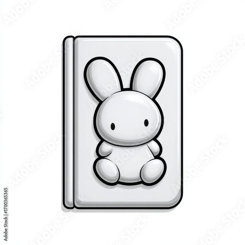  Minimalist book cover with a cute 3D rabbit character, white and black, representing children's stories and innocence with copy space