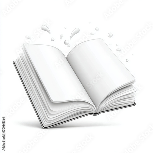 Open book with blank pages and splashing water droplets, black and white, representing fresh ideas and fluid knowledge with copy space