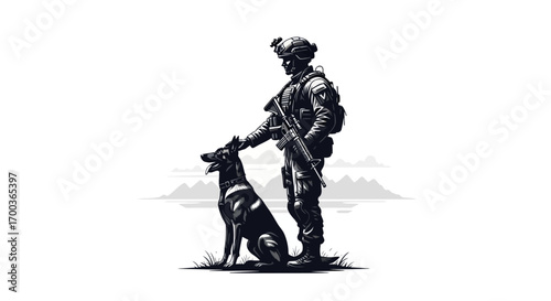 Silhouetted soldier and military dog, standing guard in a landscape.