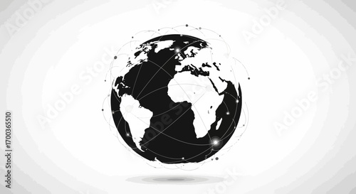World globe graphic with connected network lines and nodes, depicting global connectivity and communication.