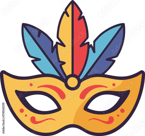 Festive carnival mask with colorful feathers against a white backdrop
