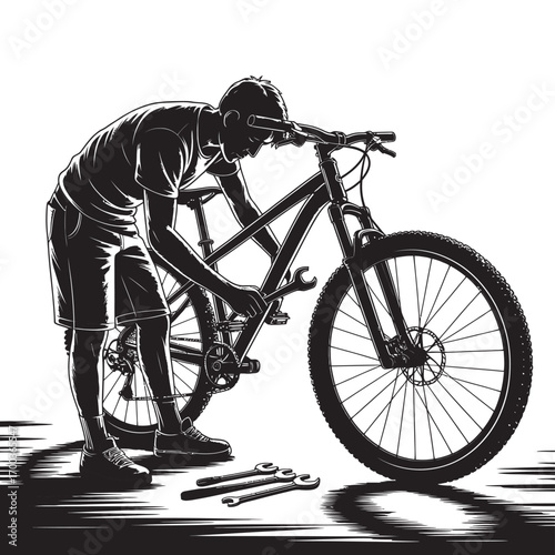 Focused cyclist performing essential bicycle maintenance, adjusting components with precision tools to ensure a smooth and reliable ride