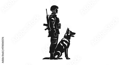 A soldier stands at attention alongside a loyal military working dog.