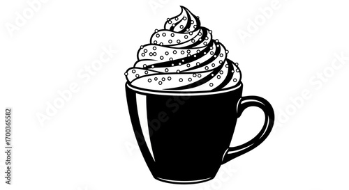 A black and white illustration of a coffee cup topped with whipped cream.