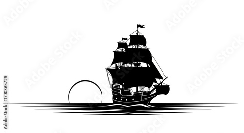A majestic galleon sails across the ocean at sunset, its silhouette stark against the bright moon.
