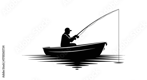 Solitary fisherman patiently angling from a small boat on calm water.