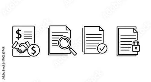 Business document icons set financial agreement search verification security and lock vector