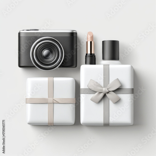 Flat lay of photography and beauty items, black, white, and grey, representing modern lifestyle and thoughtful gifting with copy space