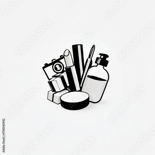 Stylized illustration of beauty and creative essentials, black and white, representing modern lifestyle and self-expression with copy space