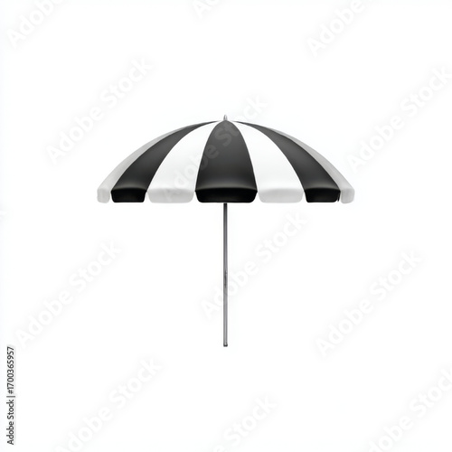 Striped beach umbrella, black and white, representing summer, leisure, and sun protection on a white background