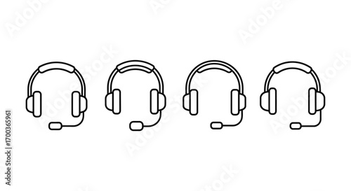 Set of four line art headset icons with microphones for communication and support services vector