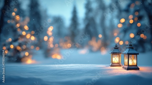 Snowy holiday landscape with glowing lanterns, blurred winter forest and frosty background, cozy warm atmosphere with festive Christmas and New Year copy space for text overlay